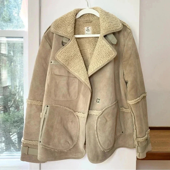 New Free People Cassidy Cozy Jacket Coat Suede Leather Sherpa Oversized Taupe - Picture 13 of 13